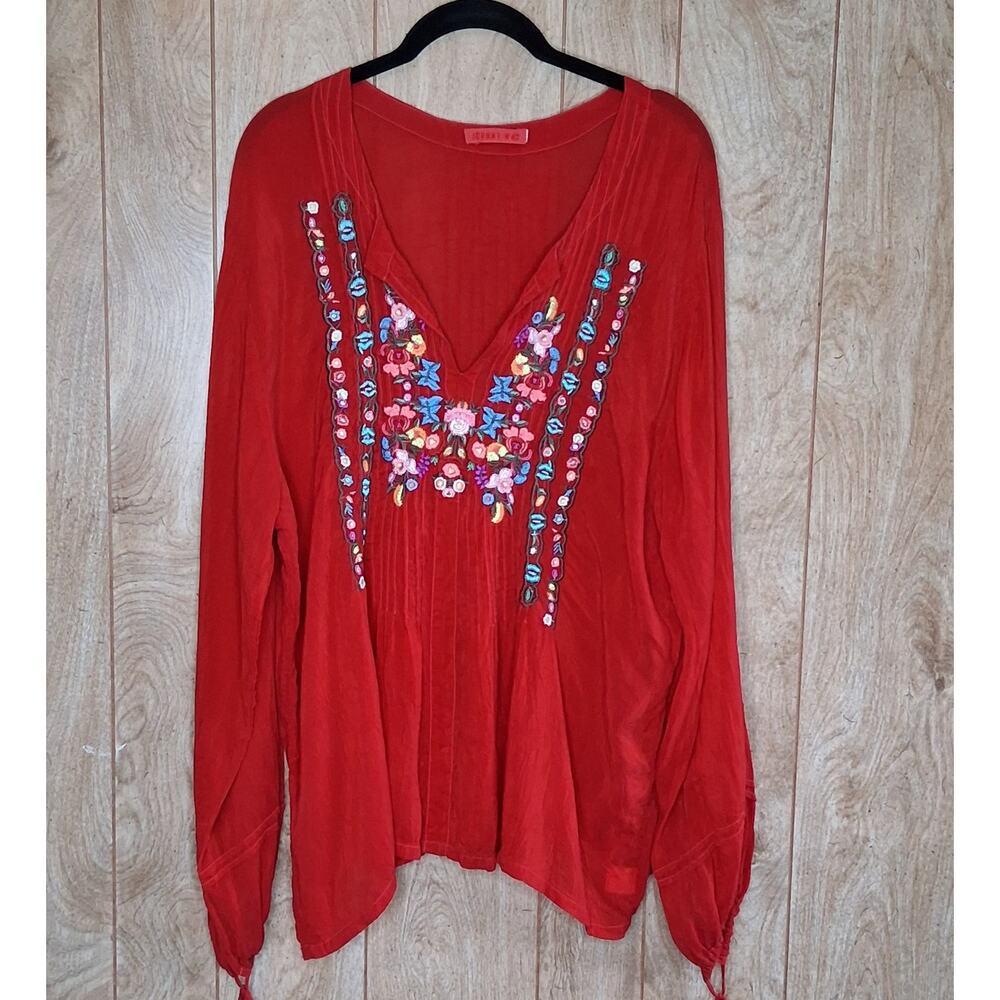 Johnny Was Red Embroidered Long Sleeve Plus Size Peasant Blouse 1X